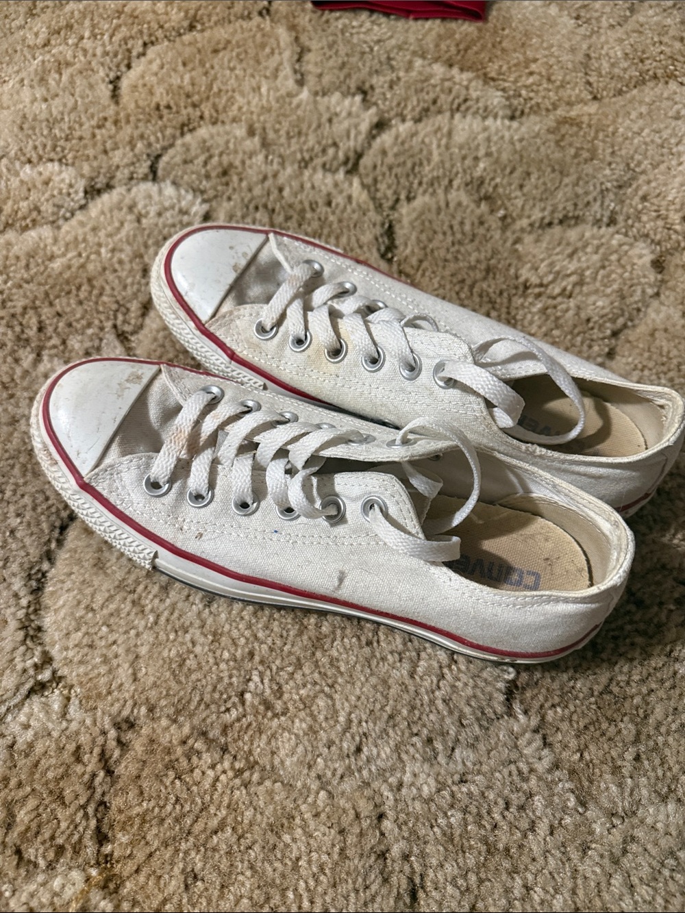 White Low-Top Canvas Sneakers with Red Stripe